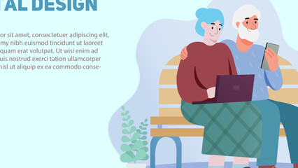 Mature people and technologies concept. Old man and old woman are sitting on a bench and looking at a computer and a phone