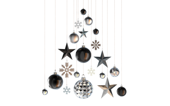 abstract christmastree in shades of black and silver structures stars snowflakes baubles hanging from above  isolated 3D Rendering