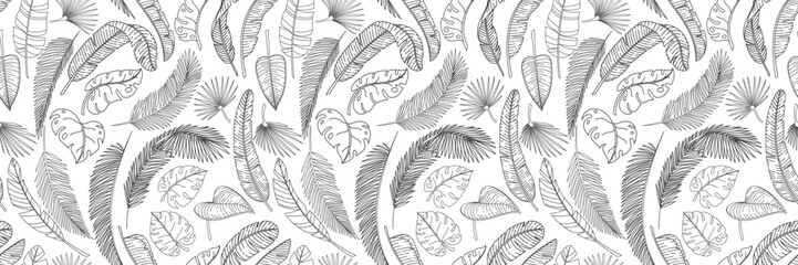 Line tropical leaves seamless pattern vector illustration. Hand drawn outline leaf of palm tree and plant from jungle tropics, leaves of exotic summer garden and beach, repeat fashion floral ornament