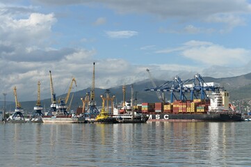 Fototapeta premium Unloading of vessels in the commercial sea port of Novorossiysk