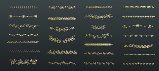 Floral dividers line icons set vector illustration. Hand drawn outline ornate gold borders, simple divider frame of vine with leaf, decorative flowers on boarder, flourish separator for title