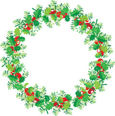 Winter wreath with red berries and pine twigs. Modern design for Holidays invitation card, poster, banner, greeting card, postcard, packaging, print..eps