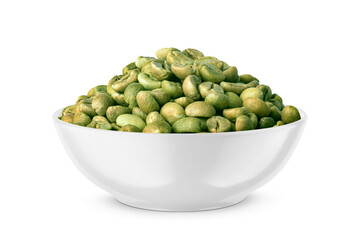 Green coffee beans in round bowl isolated on white. Front view.