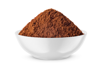 Ground coffee in round bowl isolated on white. Front view.