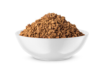 Instant granulated coffee in round bowl isolated on white. Front view.