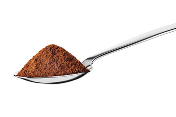 Teaspoon with ground coffee isolated on white.