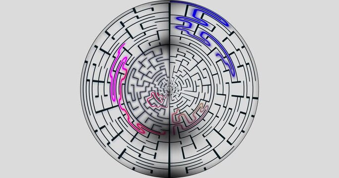 Black and white flowing round maze with four gradient multicolored straps