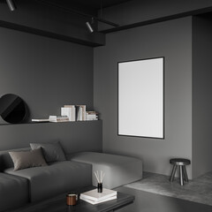 Naklejka na ściany i meble Grey living room interior with sofa and decoration, mockup frame