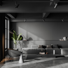Front view on dark living room interior with sofa, armchair