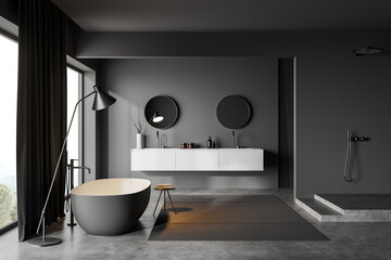 Fototapeta na wymiar Grey bathroom interior with bathtub, sink and douche, panoramic window