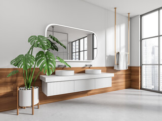 Obraz premium Corner view on bright bathroom interior with mirror, double sink,