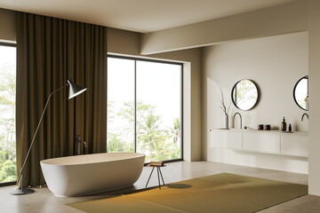 Naklejka na ściany i meble Modern bathroom interior with bathtub and sink near panoramic window