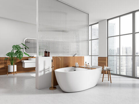 Modern hotel bathroom interior with bathing area and sink, panoramic window