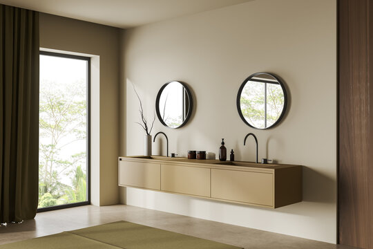 Modern light bathroom interior with two washbasins and panoramic window