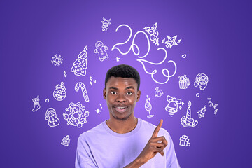 Smiling african man finger pointing at 2023 year sketch doodle