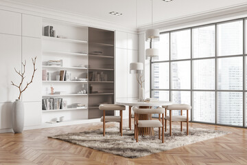 Stylish dining room interior with eating table and seats, shelf and window