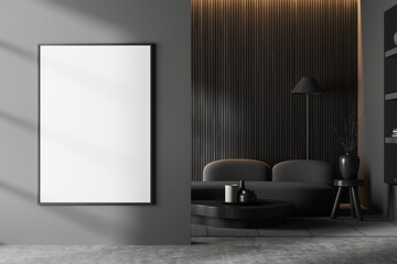 Dark living room interior with empty white poster, sofa, table
