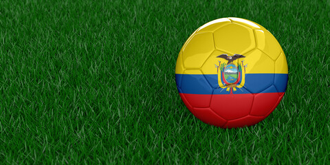 Ecuador National football with country flag pattern. Soccer tournament concept. Sports betting. Realistic 3D rendered grass background, copy space. Set of 26 images.