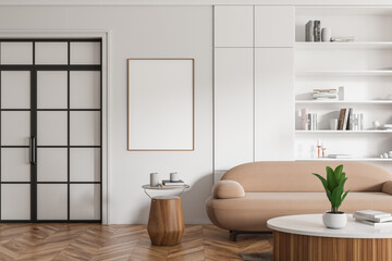 White meeting interior with couch and coffee table with decor, mockup frame