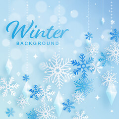 Snowflakes design for winter with snowflakes paper cut style on color background. 