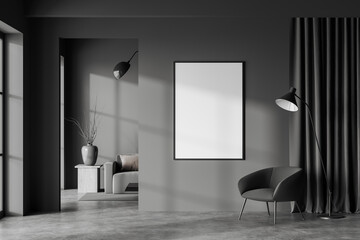 Grey relaxing interior with sofa and armchair, window and mockup frame