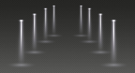 Stage spotlights, realistic light corridor, shiny white beams overlay effect for music stage or awards nomination. Interior lights isolated on a dark backgorund. Vector illustration.