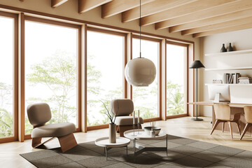 Corner view on bright office room interior with desk, computer