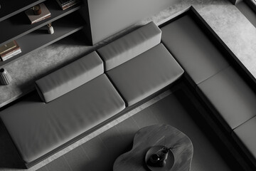 Top view of grey chill room interior with couch and stylish shelf