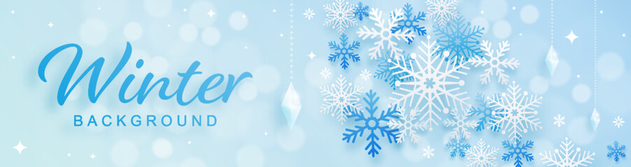 Snowflakes design for winter with snowflakes paper cut style on color background. 