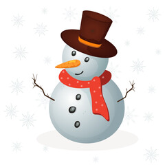 Snowman with word cloud for text on white background with snow, snowflakes. The snowman is talking. Festive background, greeting, card or sticker