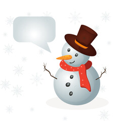 Snowman with word cloud for text on white background with snow, snowflakes. The snowman is talking. Festive background, greeting, card or sticker