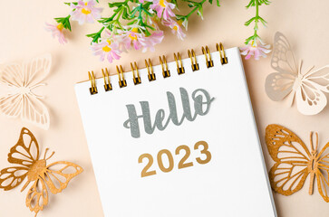 Fototapeta na wymiar A Hello 2023 text on diary and paper butterfly on yellow background.