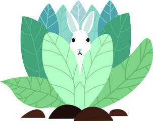 Cute face of a white rabbit in leaves. Perfect for T-shirt logo, greeting card, poster, invitation or print design.