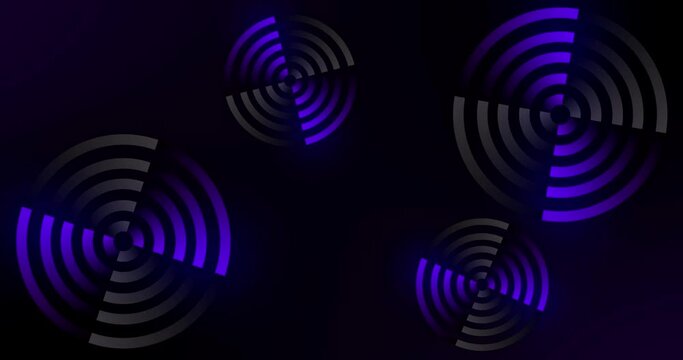 Multi-layer glowing circles animated looped spinning on its axis, divided into four equal parts and two gradient colors in each