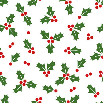 Christmas seamless pattern with holly berry. Green leaves, red berries festive design. Isolated on white background. Winter, New Year. For wrapping paper, fabric, greeting card. Vector illustration.