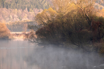 in a misty foggy morning on the river. Bóbr river in the Bóbr valley in the surrondings of Pilchowice in Poland in autumn © magdagalkiewicz