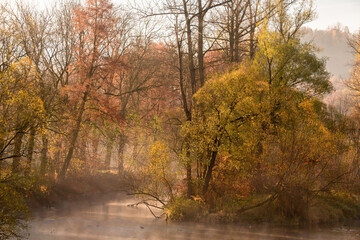 in a misty foggy morning on the river. Bóbr river in the Bóbr valley in the surrondings of Pilchowice in Poland in autumn