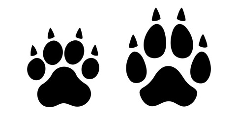 Fototapeta na wymiar Isolated footprint of a cat's and a dog's paw, with sharp claws. Black and white silhouette shapes illustration. 