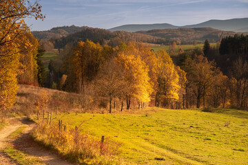 in the Bóbr Valley in the surrondings of Jelenia Góra in Poland in a sunny day in autumn, mountain landscape