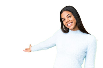 Young African American woman over isolated chroma key background extending hands to the side for inviting to come