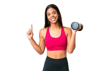 Young African American woman sport woman making weightlifting over isolated chroma key background...