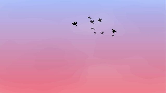 朝焼けの空を飛ぶ鳥の群れの背景アニメーション動画　ループ可能