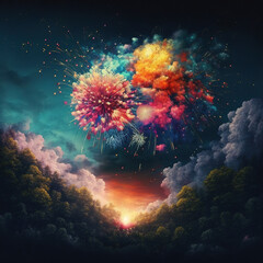Obraz na płótnie Canvas Fireworks light up the sky. AI.