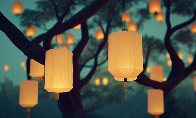 Group of simply illuminated lanterns hanging on tree in green forest at defocused background. Postproducted generative AI illustration.