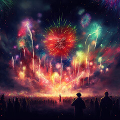 Fototapeta na wymiar Fireworks light up the sky. AI.