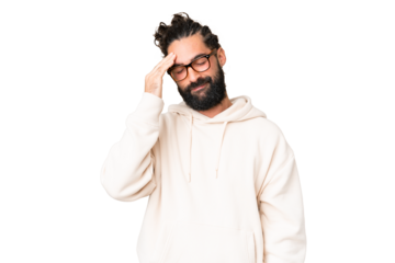 Young man with beard over isolated chroma key background with headache