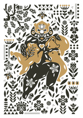Mama Bear with three cubs wall art. Boho mystical vector poster about motherhood, parenthood. Hand drawn Scandinavian trendy geometric gold floral element Bohemian vintage tattoo, engraving style	