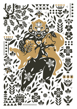 Mama Bear with three cubs wall art. Boho mystical vector poster about motherhood, parenthood. Hand drawn Scandinavian trendy geometric gold floral element Bohemian vintage tattoo, engraving style	