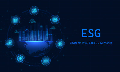 Environmental, social, and governance (ESG). Sustainable business concept. Blue background vector design.