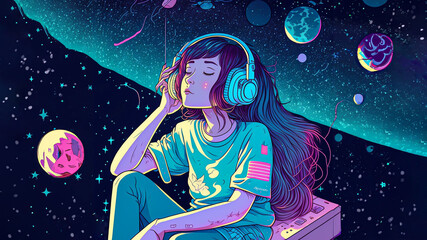 Fototapeta premium Beautiful anime girl floating in space with stars, listening to lofi hip hop music with headphones.